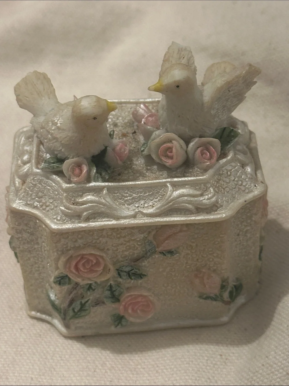 Decorative Bird Trinket Box - Pearl White with Pink Roses
